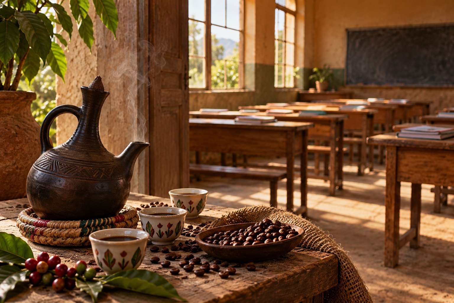 Illustrative scene of coffee, a traditional jebena pot and cups beside a sunlit classroom